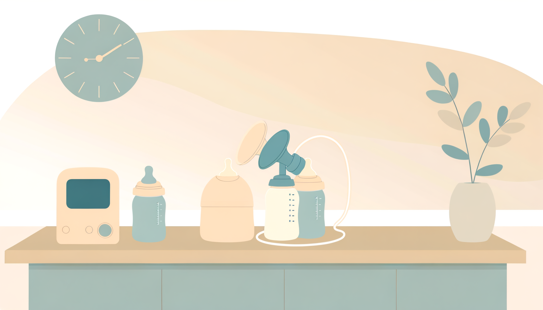 Breast pump and bottles on a clean countertop