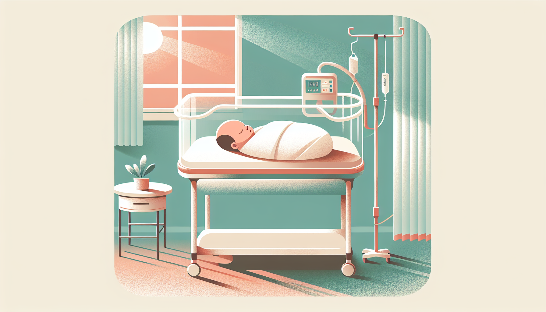 Soft illustration of a newborn baby resting peacefully in a hospital bassinet with warm gentle light